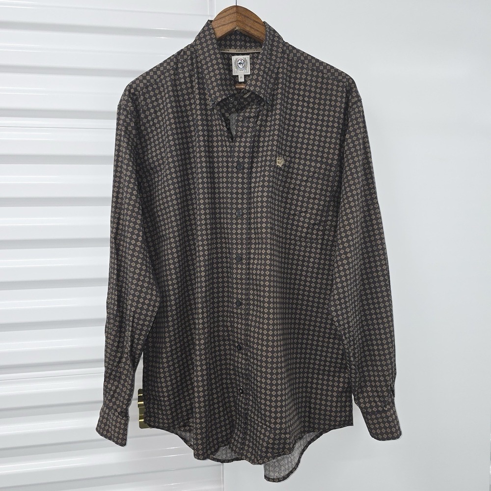 Cinch‎ Button Front Western Shirt Mens XL Brown Geometric Print Long Sleeve